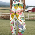 Women's  Vintage Butterfly  Art Print Casual 100% Cotton Wide Leg Jumpsuit