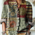 Women's Vintage Ethnic Floral Geometric Check Art Print Casual Cotton And Linen Ruffle Shirt