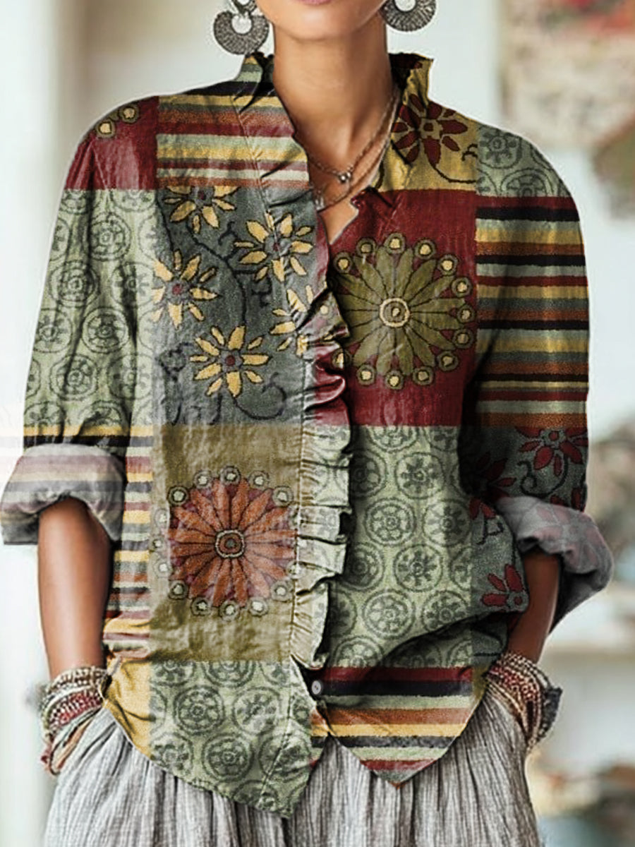 Women's Vintage Ethnic Floral Geometric Check Art Print Casual Cotton And Linen Ruffle Shirt