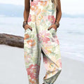 Women's Vintage Art Flower Print Casual 100% Cotton Wide Leg Jumpsuit