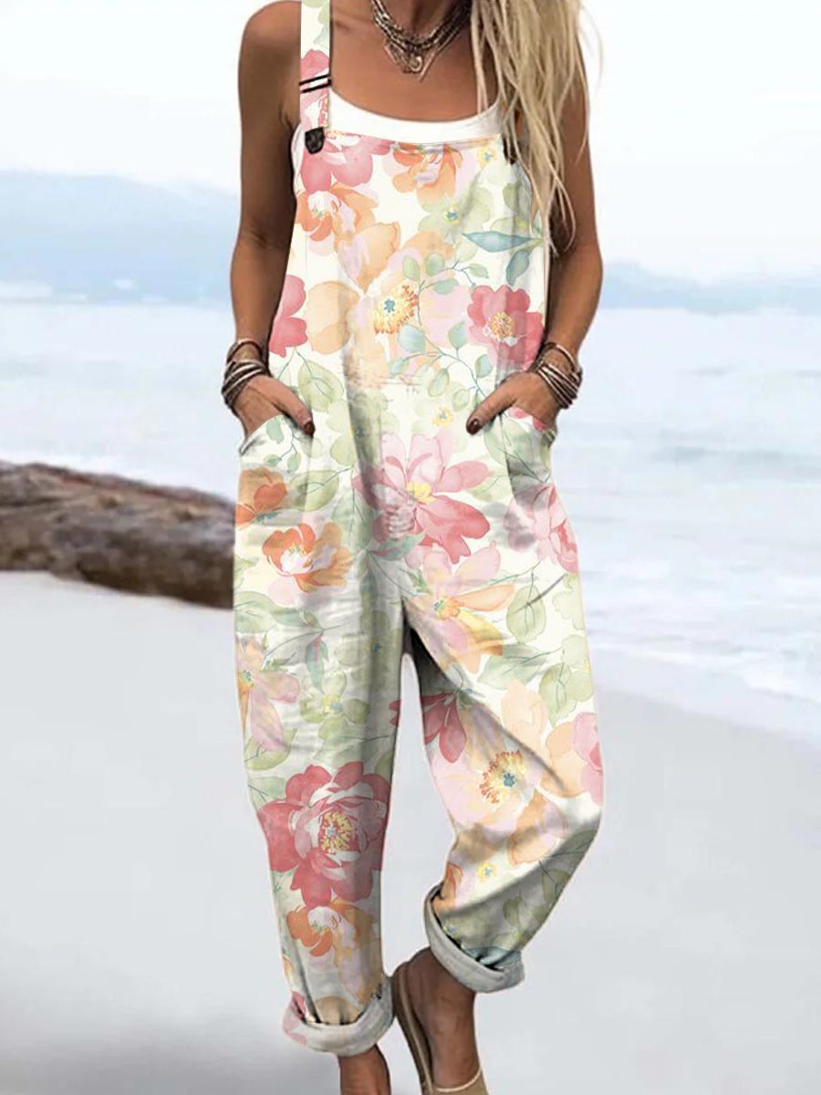 Women's Vintage Art Flower Print Casual 100% Cotton Wide Leg Jumpsuit