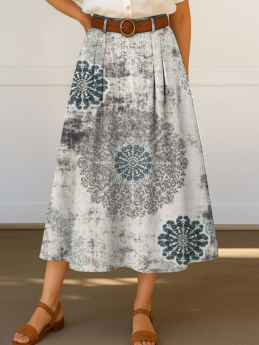 Women's Retro Pattern Print High Waist Casual A-Line Skirt