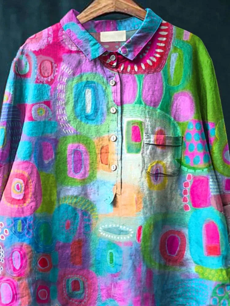 Vibrant Abstract Art Printed Women's Casual Cotton And Linen Shirt