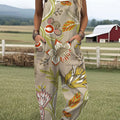 Women's  Vintage Flower Art Print Casual 100% Cotton Wide Leg Jumpsuit
