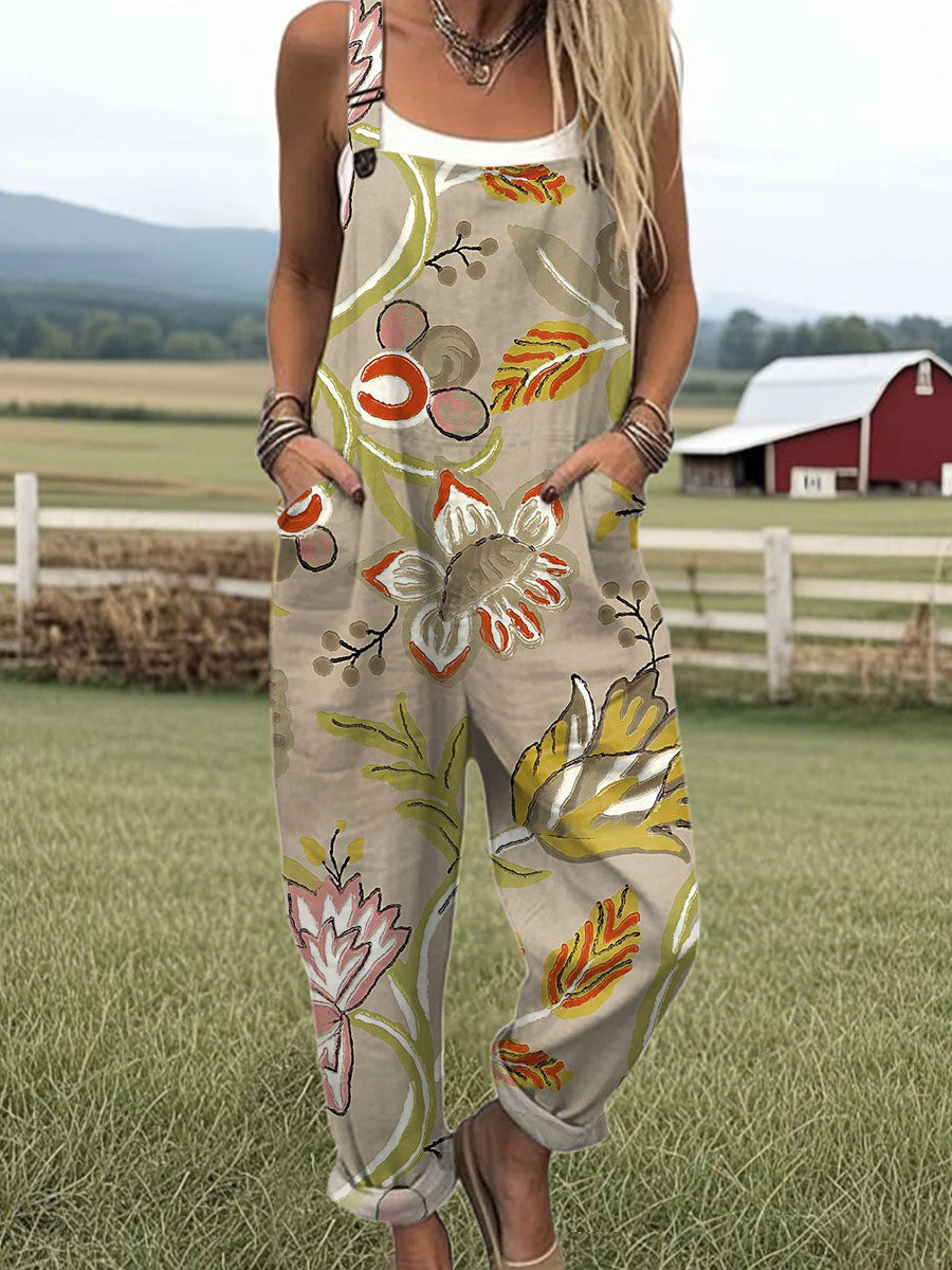 Women's  Vintage Flower Art Print Casual 100% Cotton Wide Leg Jumpsuit