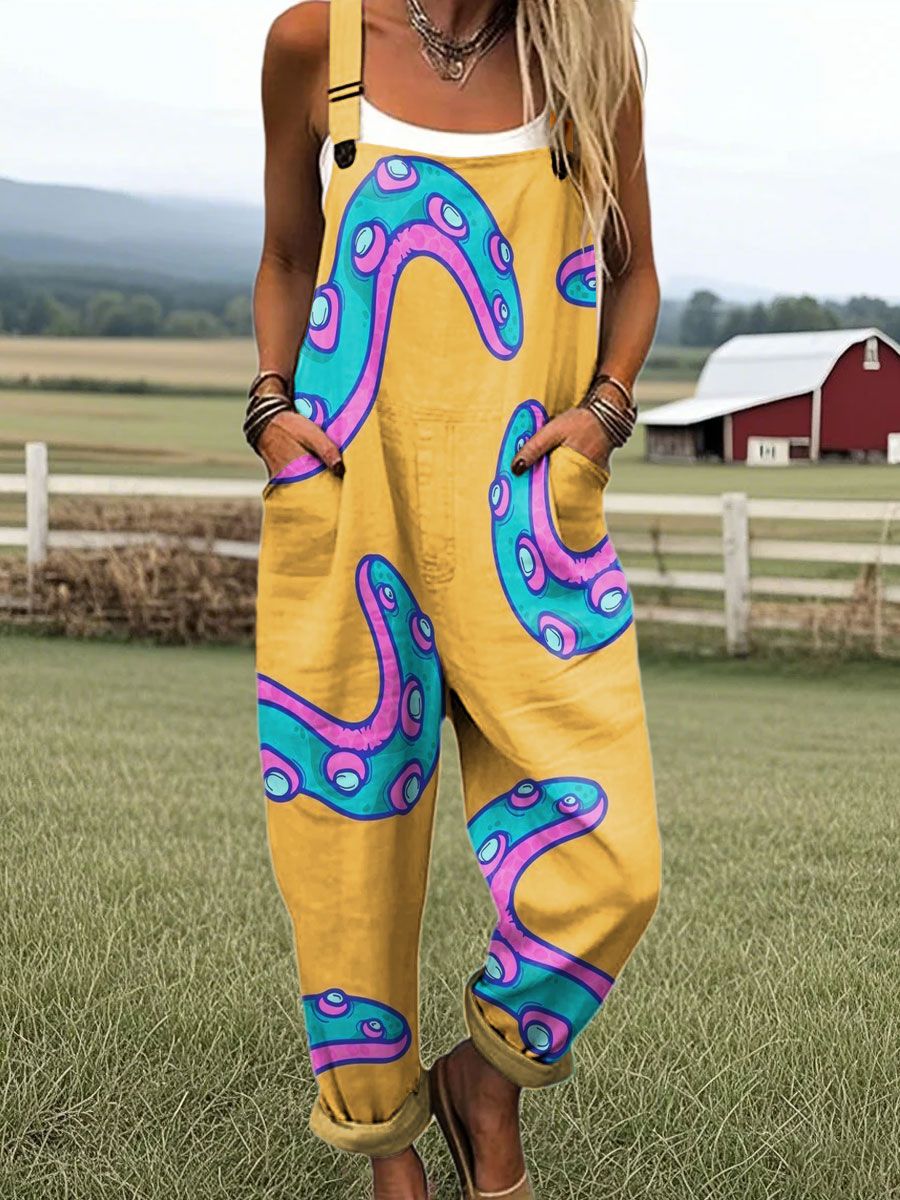 Women's Abstract Octopus Art Print Casual 100% Cotton Wide Leg Jumpsuit