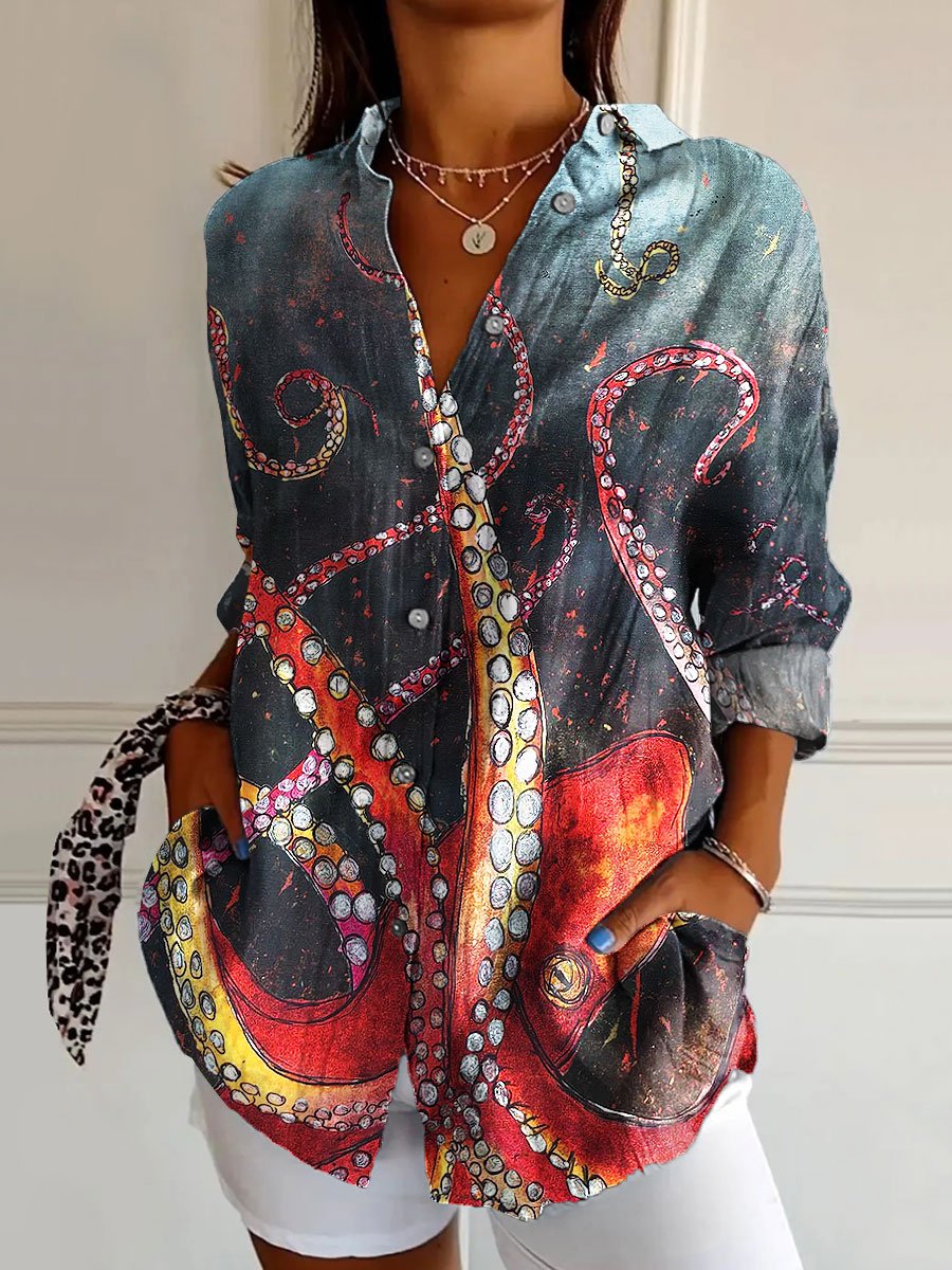 Women's Vintage Octopus Art Print Casual Cotton Shirt