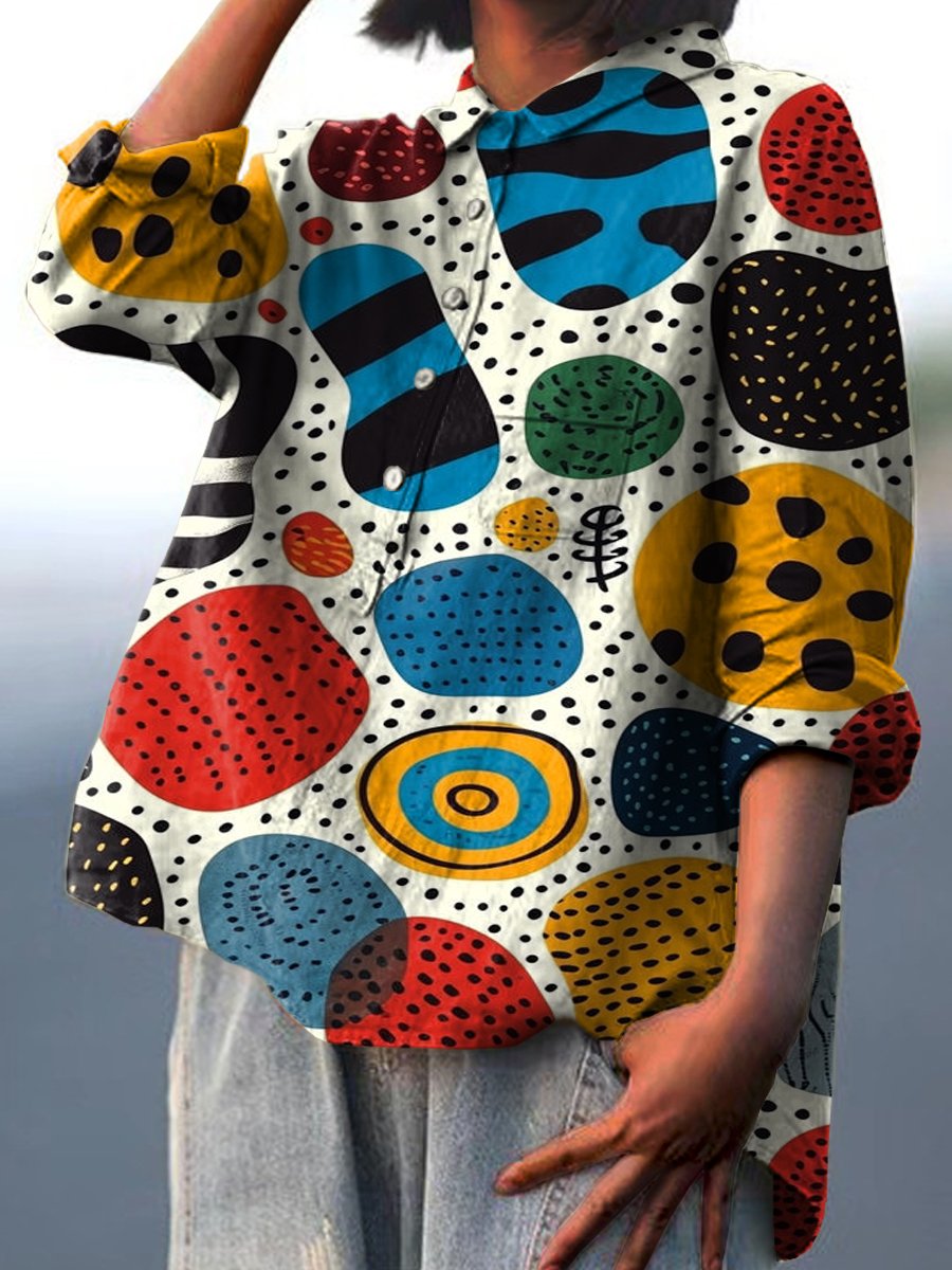 Women's Retro Colorful Circular Dot Illustration Print Casual Cotton And Linen Shirt
