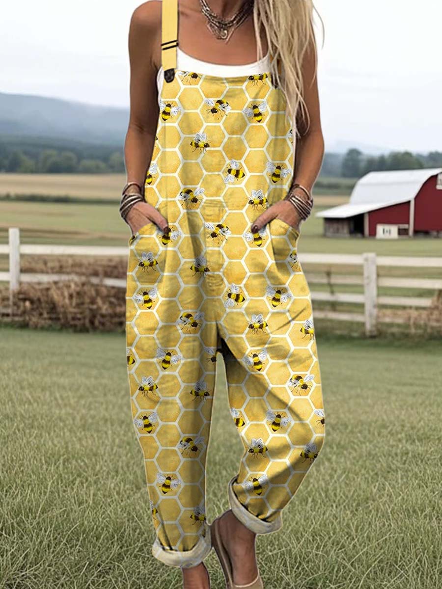 Women's Lovely Bees Art Print Casual 100% Cotton Wide Leg Jumpsuit