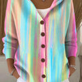 Women's Beautiful Colorful Stripes Graffiti Painting Art Print Casual Hooded Button Sweater