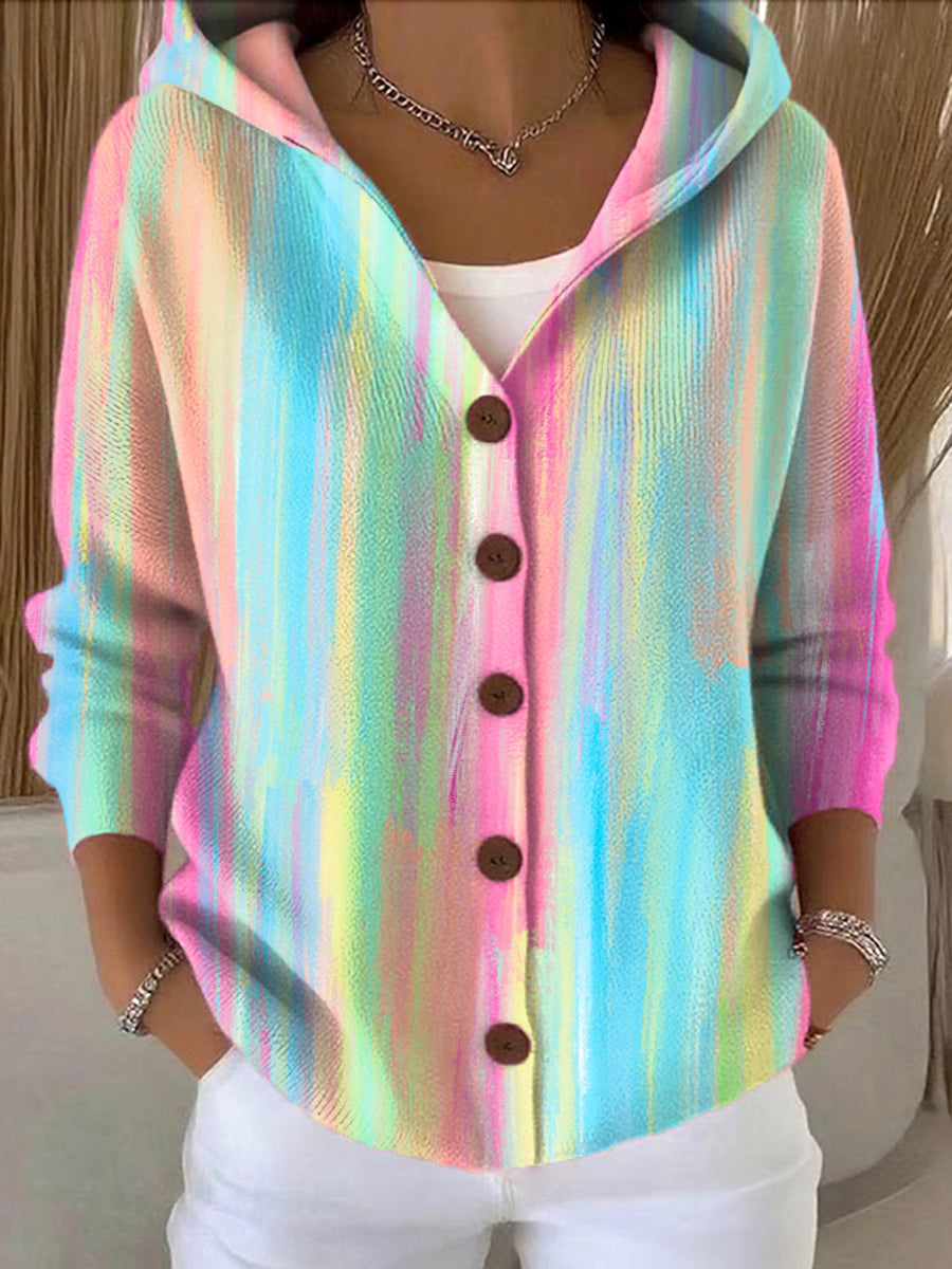 Women's Beautiful Colorful Stripes Graffiti Painting Art Print Casual Hooded Button Sweater