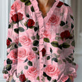 Women's Lovely Floral Pattern Art Print Casual Cotton And Linen Ruffle Shirt