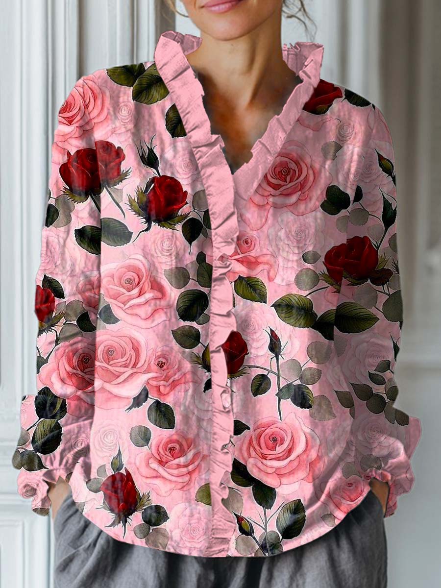 Women's Lovely Floral Pattern Art Print Casual Cotton And Linen Ruffle Shirt