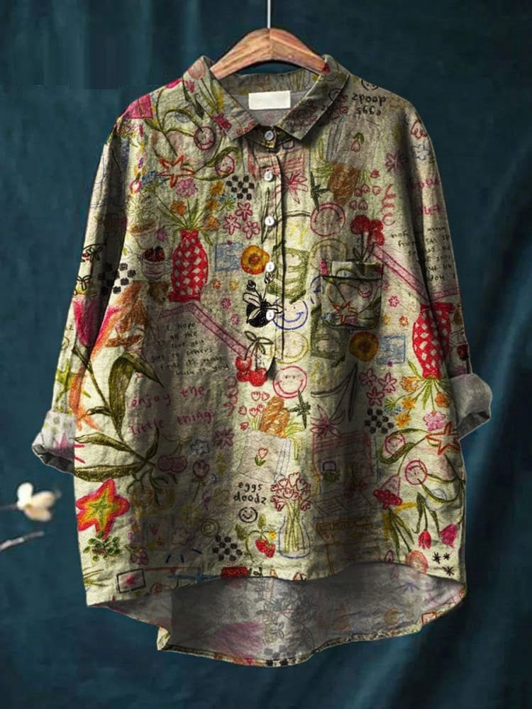 Women's Vintage Vase Art Print Casual Cotton And Linen Shirt
