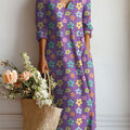 Women's Vintage Flowers Pattern Art Print Linen Pocket Dress