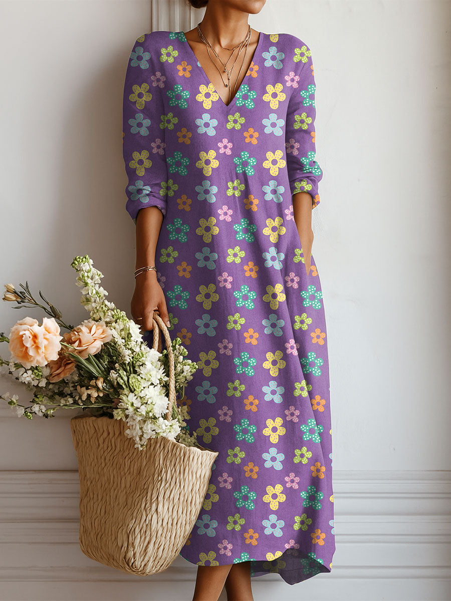 Women's Vintage Flowers Pattern Art Print Linen Pocket Dress