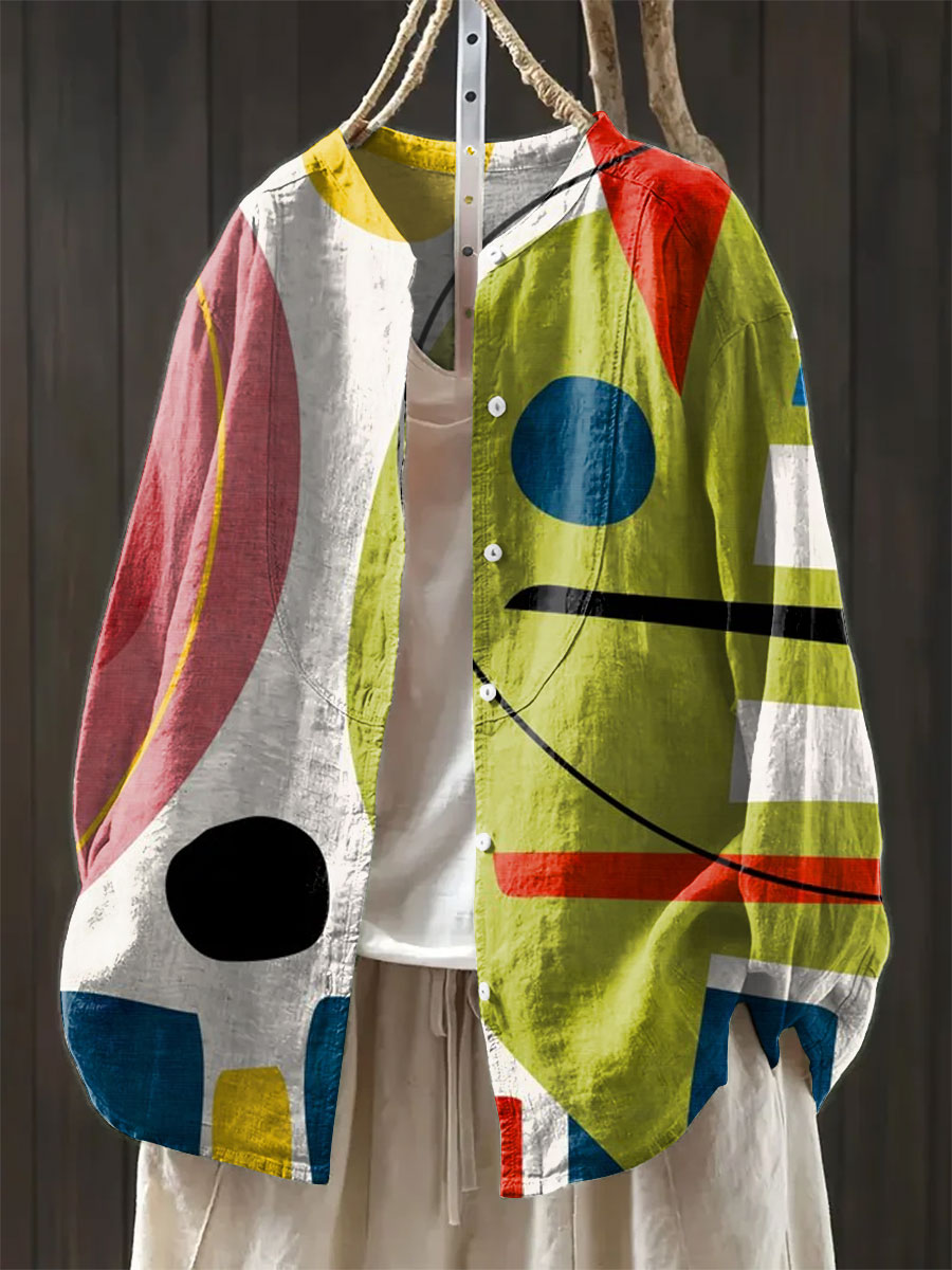 Women's Geometry Colors Abstract Art Print Casual Cotton And Linen Shirt