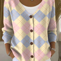 color-dotted-checkered-pattern-print-buttoned-v-neck-cardigan-sweater