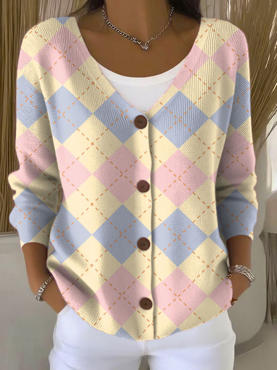 color-dotted-checkered-pattern-print-buttoned-v-neck-cardigan-sweater