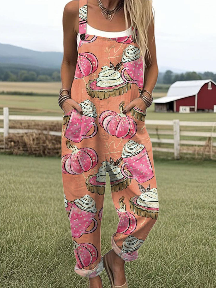 Women's  Autumn Pumpkin Vintage Art Print Casual 100% Cotton Wide Leg Jumpsuit