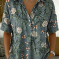 Women's Vintage Botanical Floral Casual Polo Collar Short-sleeved Linen And Cotton Shirt