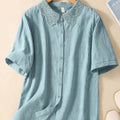 Women's Solid Color Lapel Short Sleeve Casual Cotton and Linen Shirt