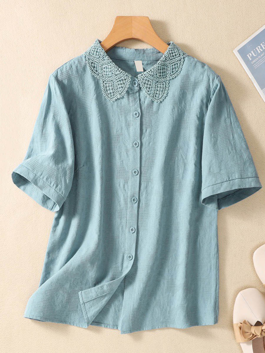 Women's Solid Color Lapel Short Sleeve Casual Cotton and Linen Shirt
