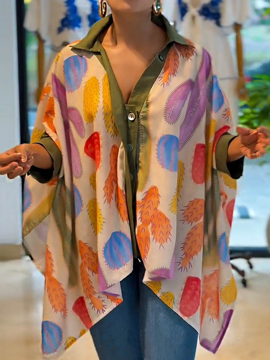 Women's Lapel 3/4 Sleeve Contrast Printed Casual Loose Shirt