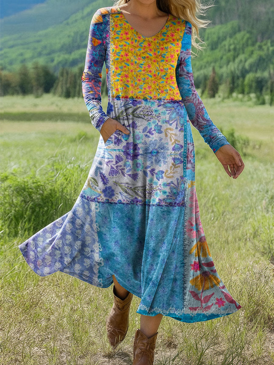 Women's Boho Floral Print Art Print Long-sleeved Dress