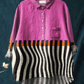 Women's Pink Color-block Abstract Geometry Print Casual Cotton And Linen Shirt