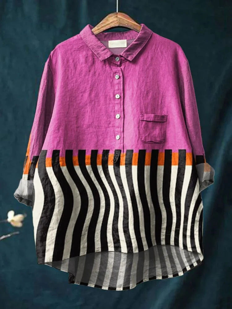 Women's Pink Color-block Abstract Geometry Print Casual Cotton And Linen Shirt