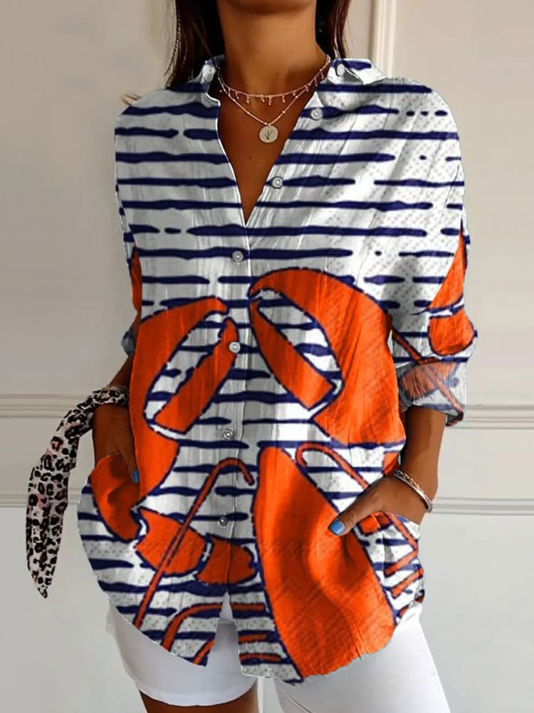 Women's   Lobster Art Print Casual Cotton Shirt