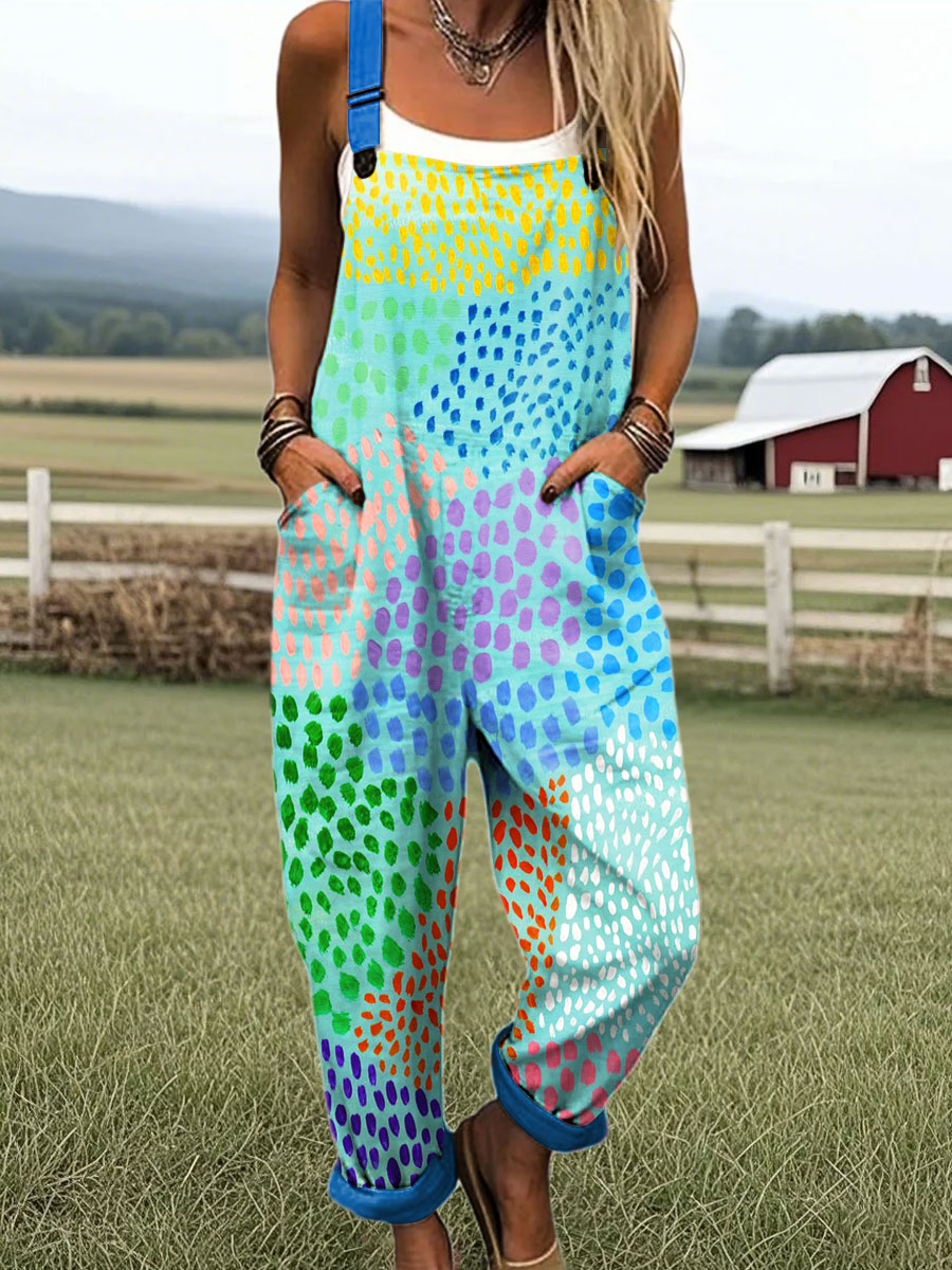 Women's Colorful Abstract Dot Art Print Casual Cotton Pocket Jumpsuit
