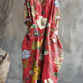 Women's Vintage Floral Pattern Art Print Pocket V-neck Cotton Dress