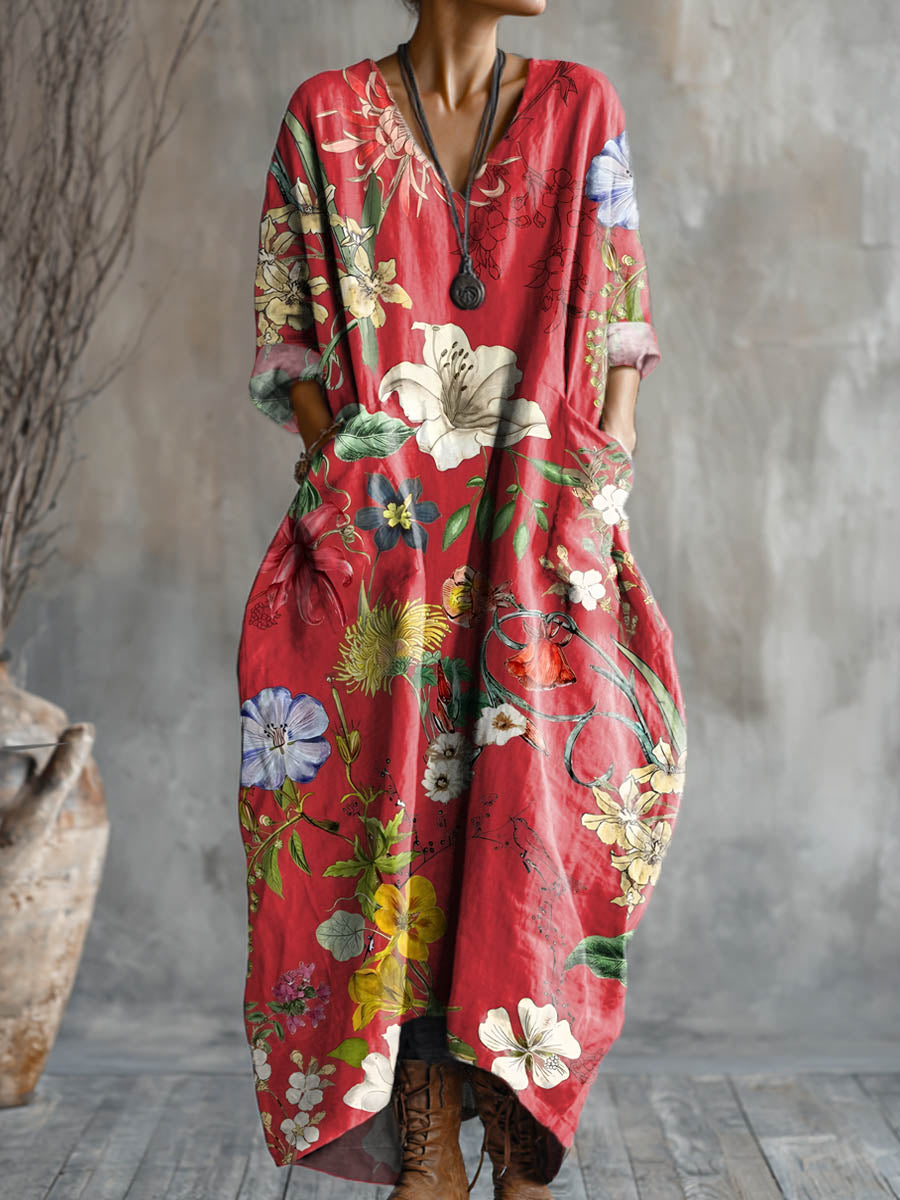 Women's Vintage Floral Pattern Art Print Pocket V-neck Cotton Dress