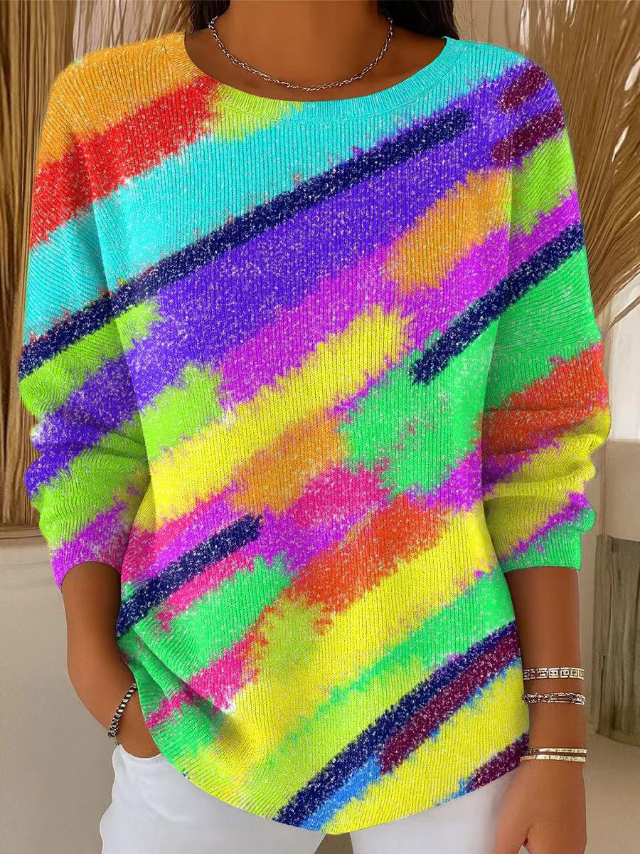 Women's Beautiful Abstract Colorful Stripes Graffiti Painting Art Print Casual Pullover Sweater