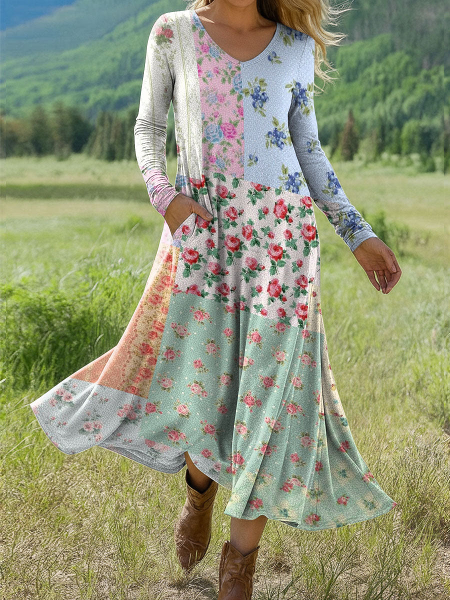 Women's Splicing Floral Print Art Print Long-sleeved Dress