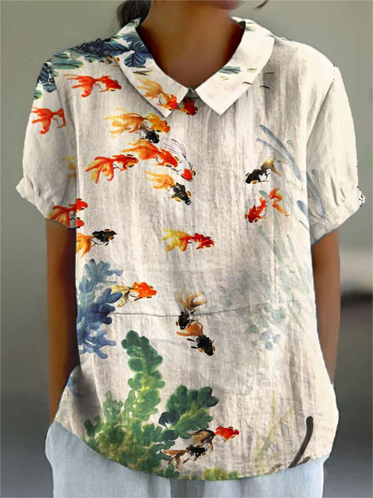 Women's Fish Art Print Casual Cotton And Linen Shirt