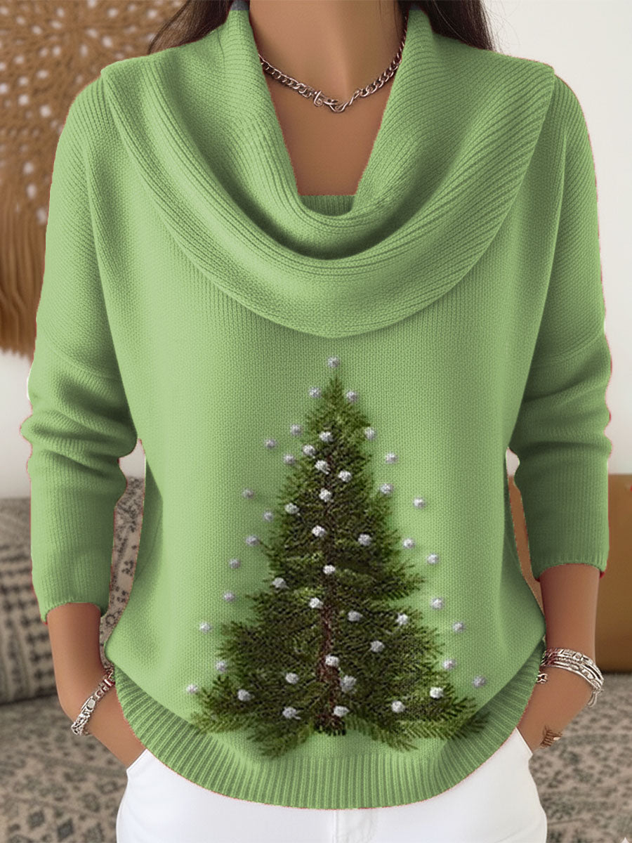 Women's Christmas Tree Pattern Art Print Cowl Neck Sweater