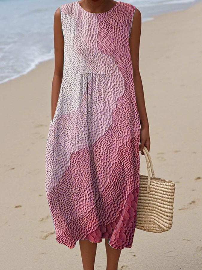 Women's Vintage Abstract Geometric Art Print Sleeveless Cotton Pocket Wrap Dress