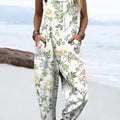Women's Vintage Art Flower Print Casual 100% Cotton Wide Leg Jumpsuit