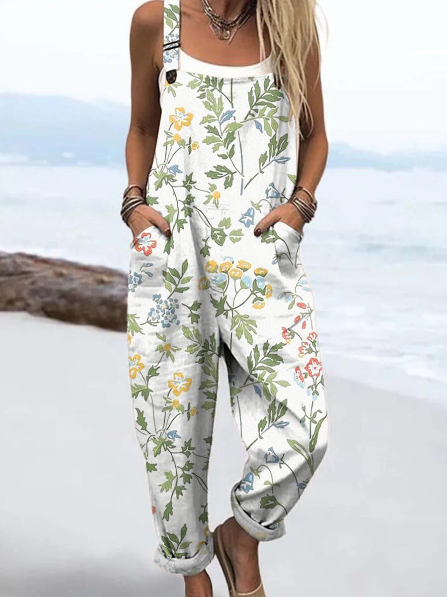 Women's Vintage Art Flower Print Casual 100% Cotton Wide Leg Jumpsuit