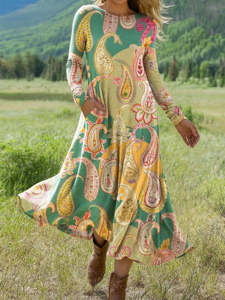 Women's Beautiful Colorful Ethnic Paisley Floral Art Print Long-sleeved Dress