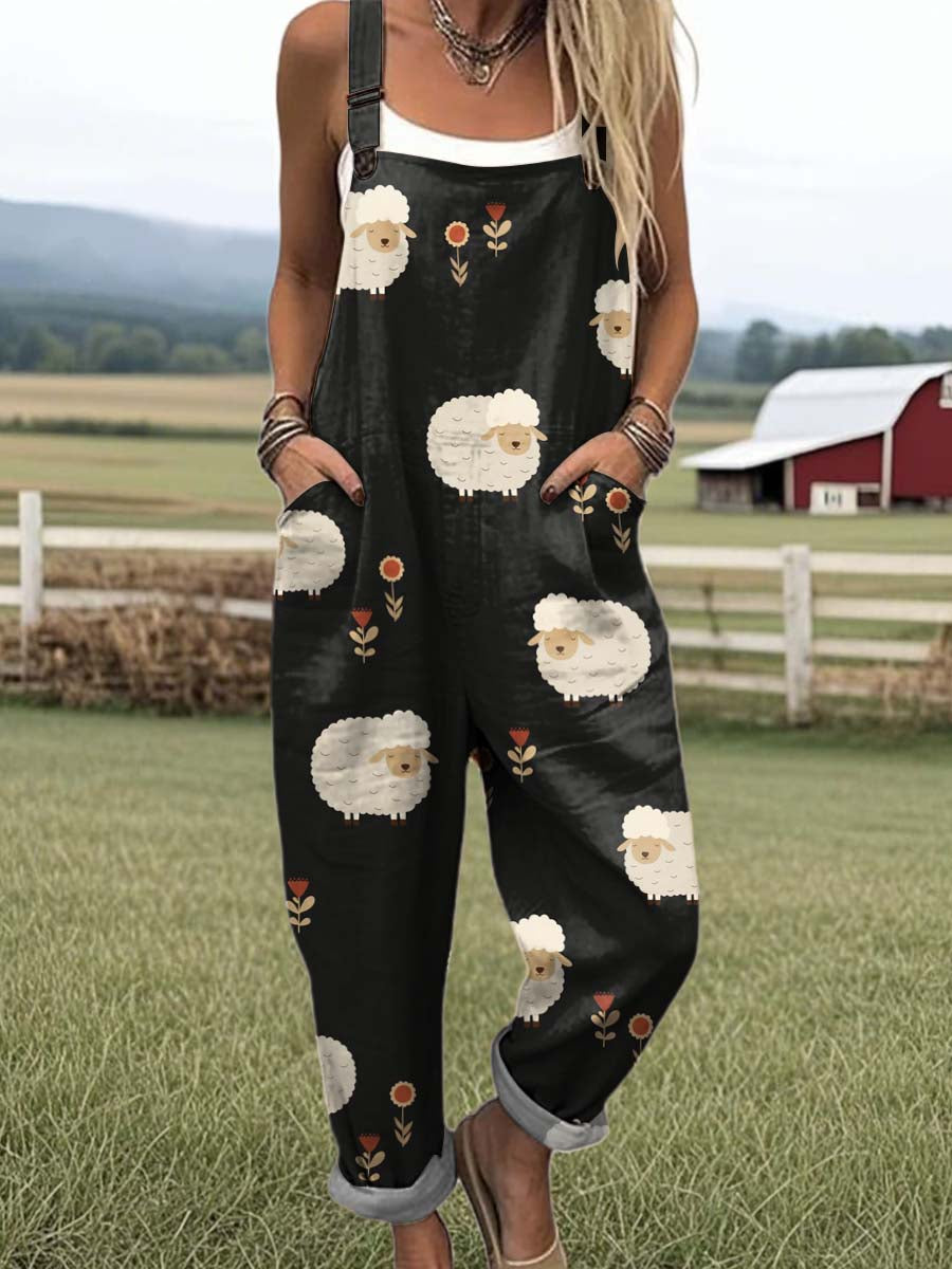 Women's Lovely Sheep Art Print Casual 100% Cotton Wide Leg Jumpsuit