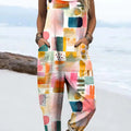 Women's Art Colourful Abstract Geometry Print Casual 100% Cotton Wide Leg Jumpsuit