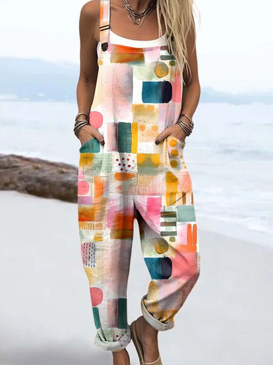 Women's Art Colourful Abstract Geometry Print Casual 100% Cotton Wide Leg Jumpsuit