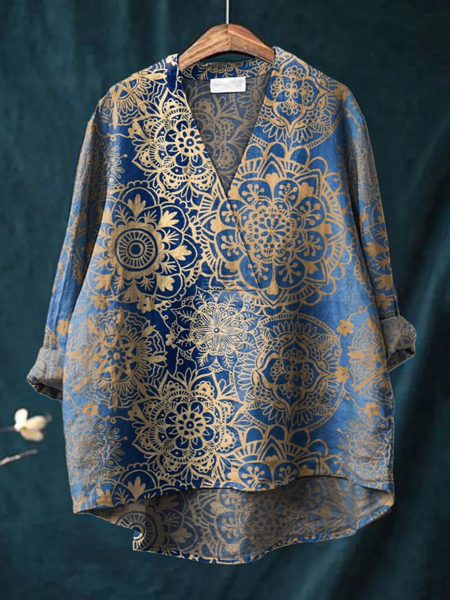 Women's Blue Gradient Mandala Pattern Art Print Casual Cotton And Linen V-neck Shirt