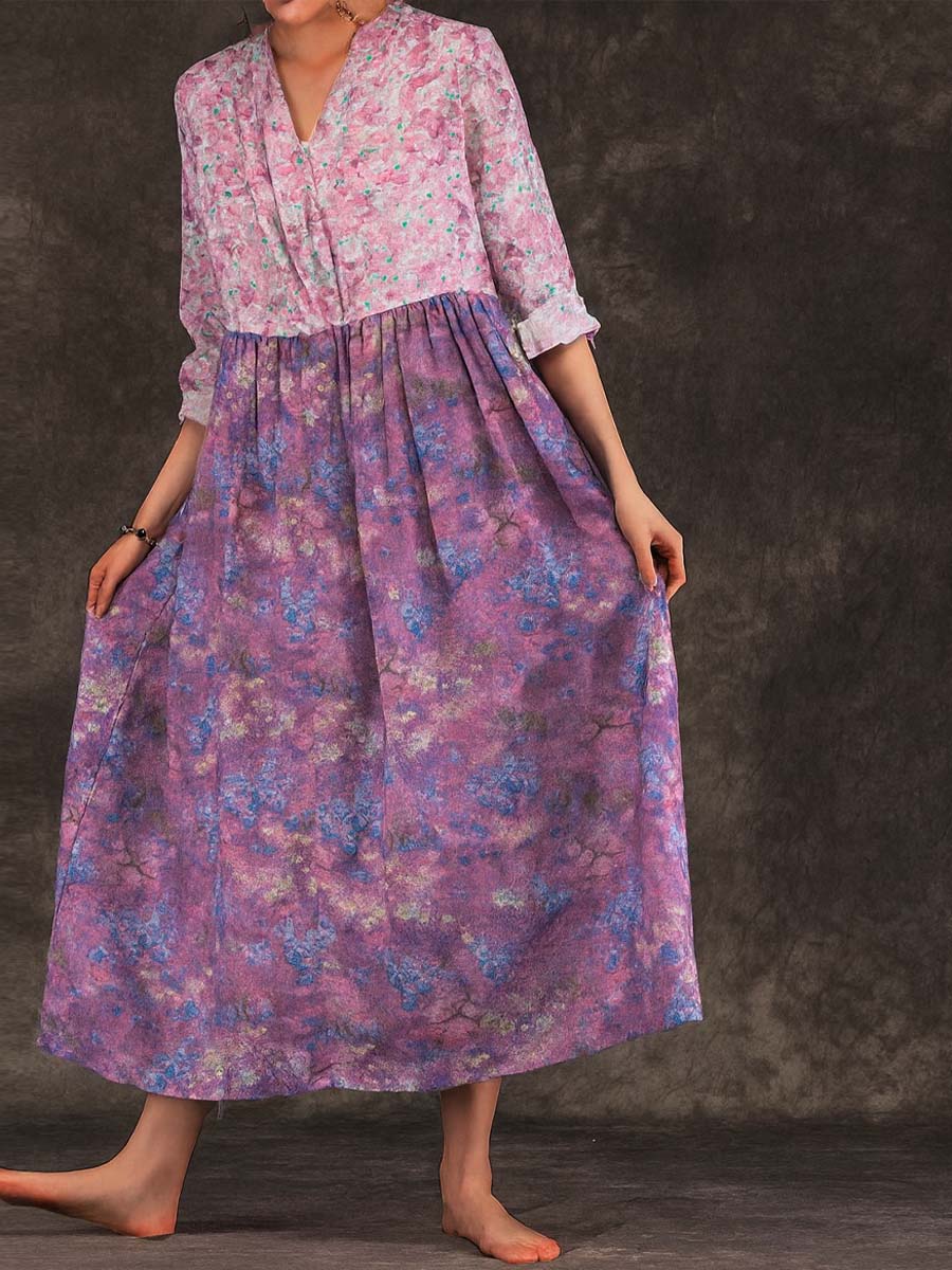 Women's V-neck 3/4 Sleeve Casual Loose Contrast Print Cotton and Linen Dress