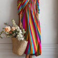 Women's Vintage Rainbow  Art Print Linen Pocket Tunic Dress