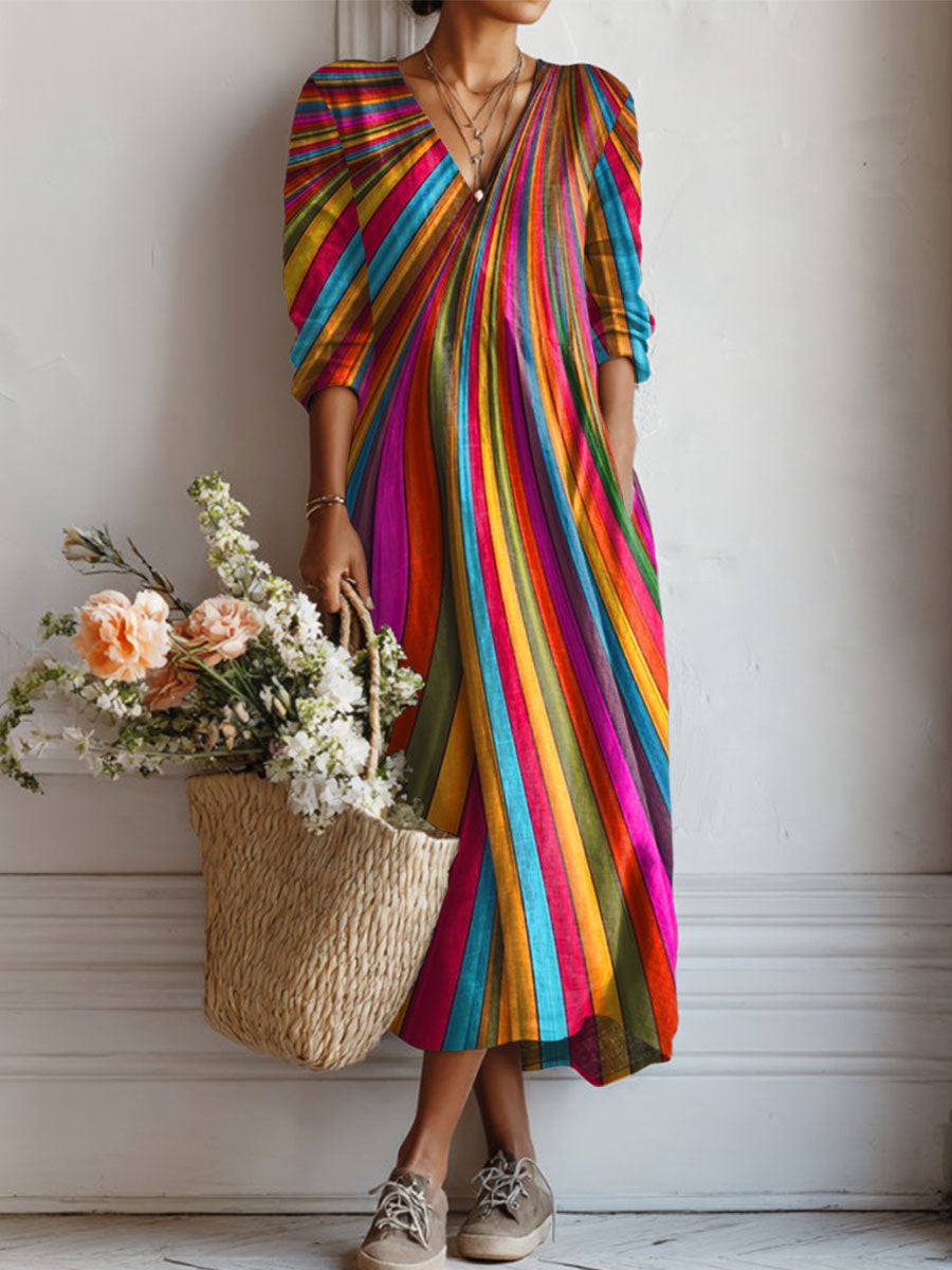 Women's Vintage Rainbow  Art Print Linen Pocket Tunic Dress